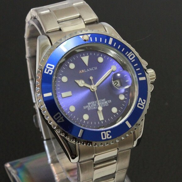 Men's Diver Style Watch Blue Uni-directional Bezel Stainless Bracelet 40mm - Picture 5 of 14